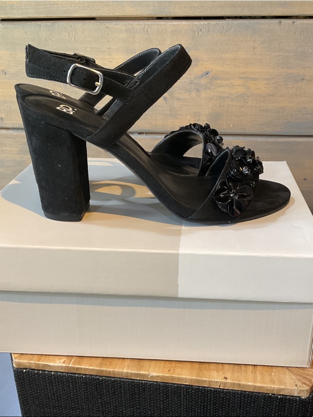 Nordstrom Black Suede Block Heel Sandals with Floral Bead Detail